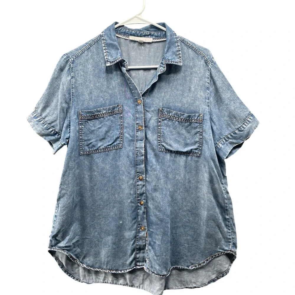 Jane+Delancey Button Down Shirt Womens M Blue Vintage Wash Lyocell Short Sleeve - Picture 1 of 9